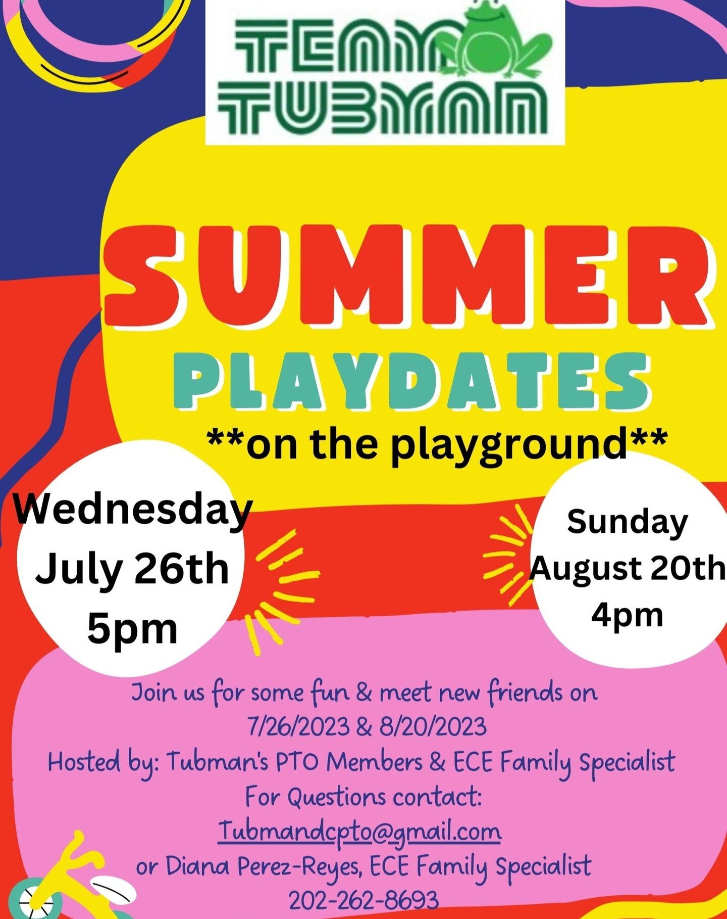 Join us on the Tubman playground on 7/26 at 4 pm or Aug. 20 at 5 pm!