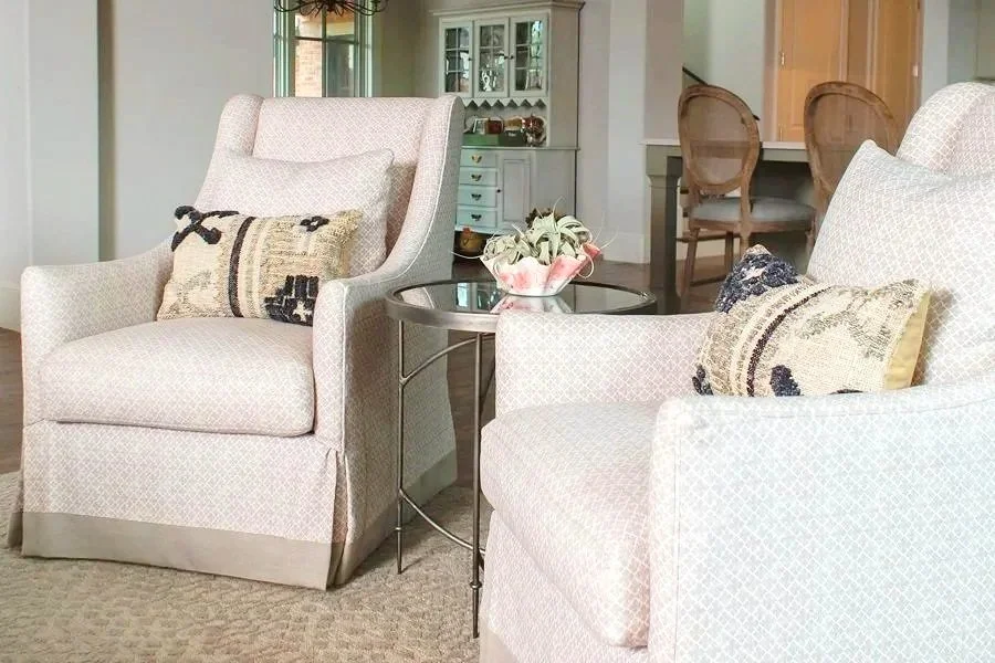 custom swivel chairs in flax print linen