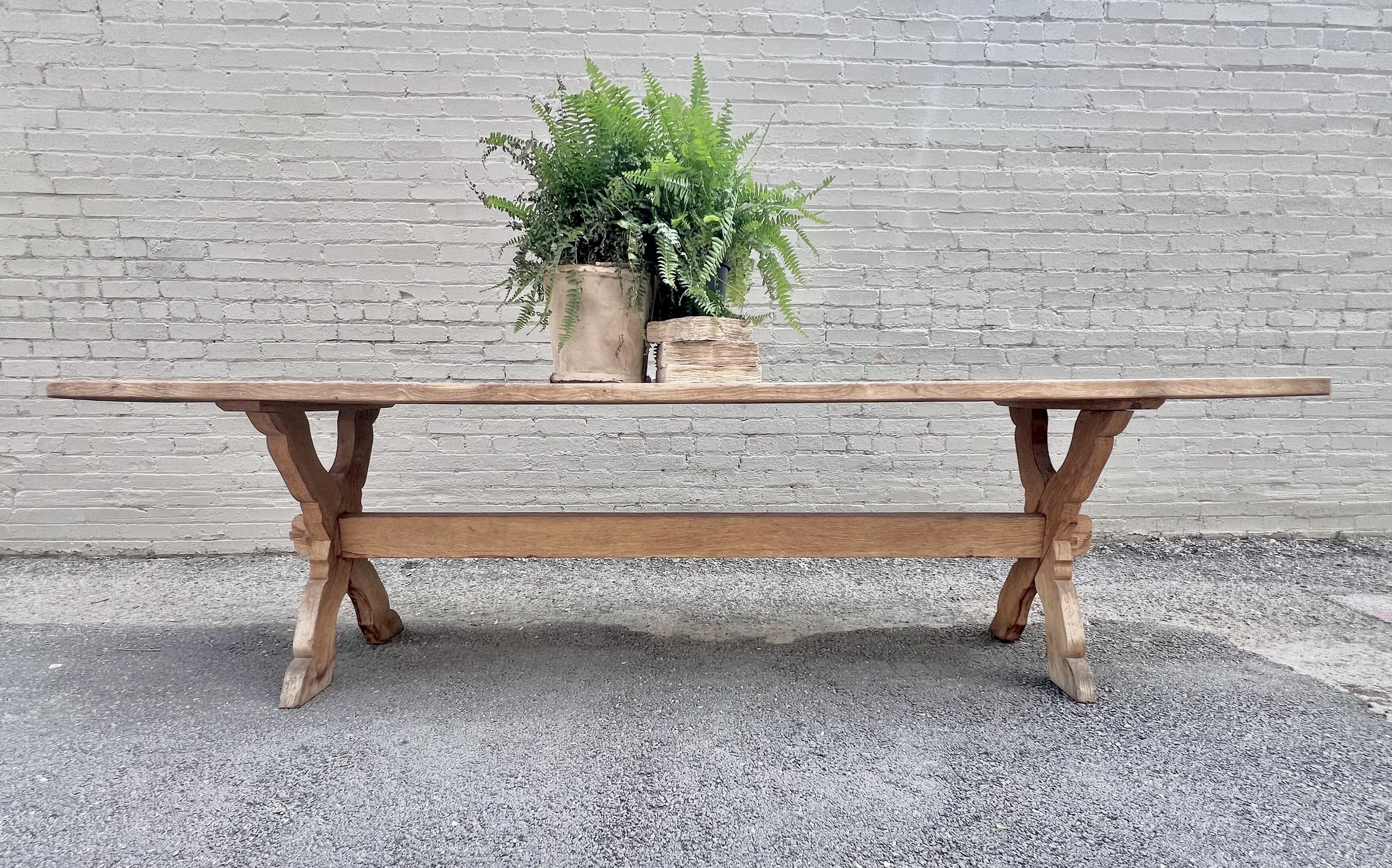 Washed Oak Trestle Table
Scalloped X Base

France, 19th C.
30h 103.5w 25d