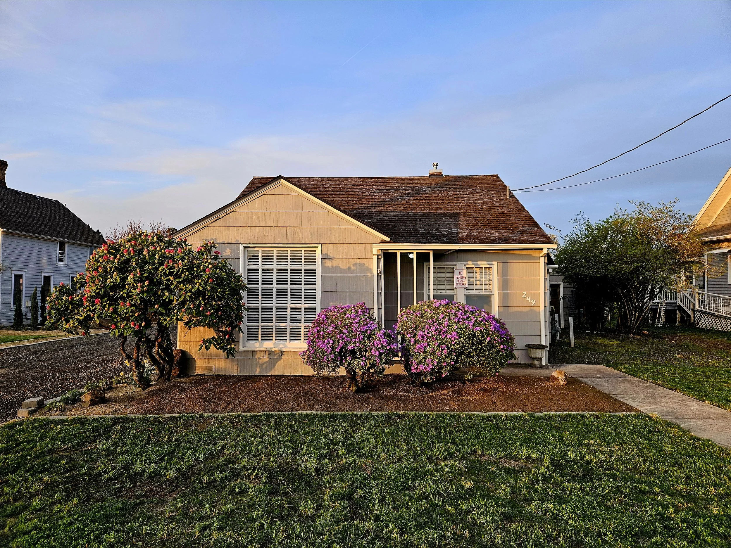A gray house with a front lawn, bushes, and a driveway with a garbage bin, surrounded by a wooden fence.