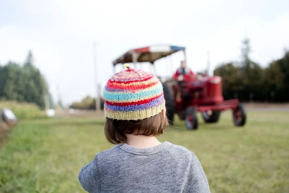 Back view of a young child wearing a colorful knit hat, standing in a grassy field, watching a person riding a red tractor with a canopy.