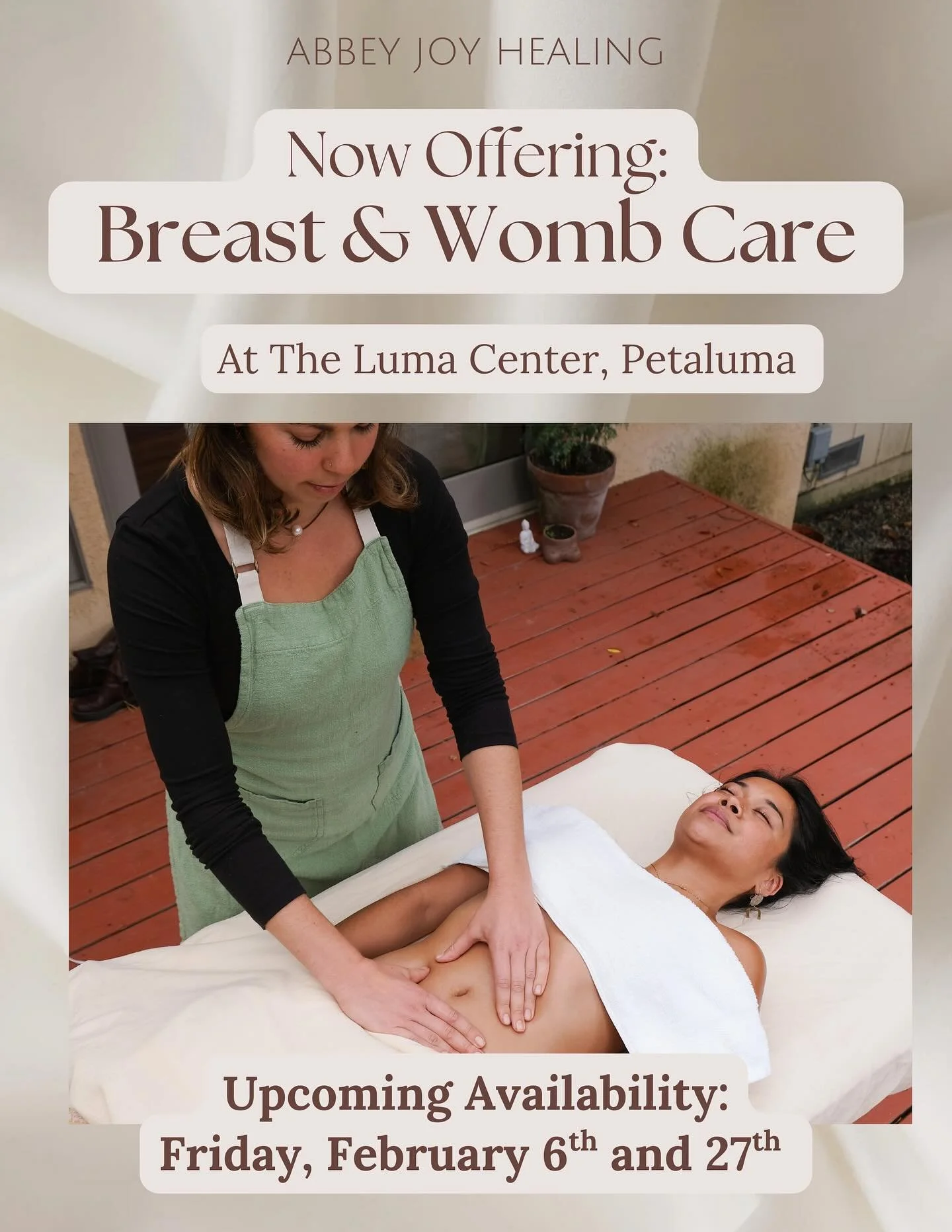 Join @abbeyjoyhealing for transformative healing sessions at the @thelumacenter 💫✨

In these sessions I offer lymphatic care specifically for the breast/chest &amp; womb spaces ❤️❤️

If you experience:
✨breast tenderness, cysts or swelling
✨cyclical