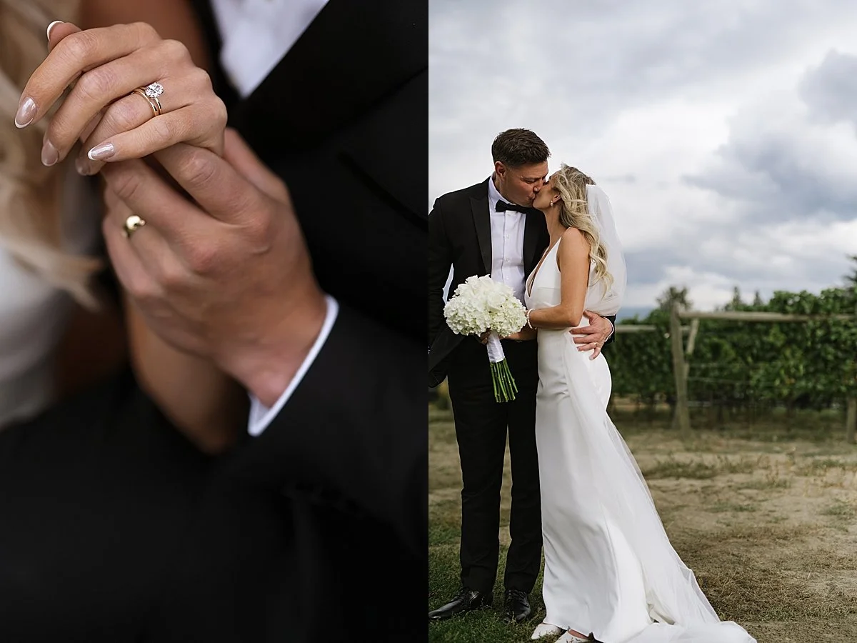 bride and groom rings and intimate kiss at Monte Creek Winery
