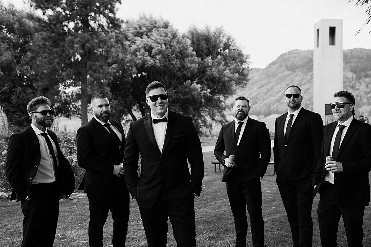 Groomsmen in front of Monte Creek Winery Wedding Venue