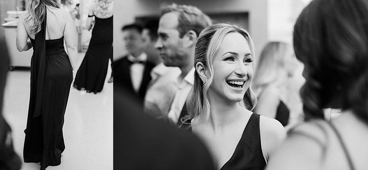 wedding guests enjoy wine and laughs at the cocktail hour