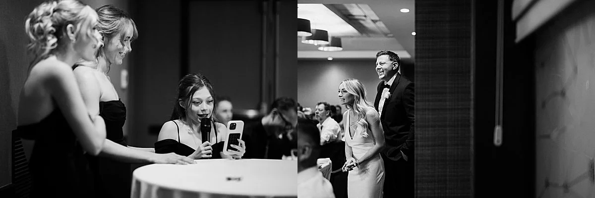 Wedding guests laughing together while posing for modern photo booth portraits at Delta Hotel Kamloops reception