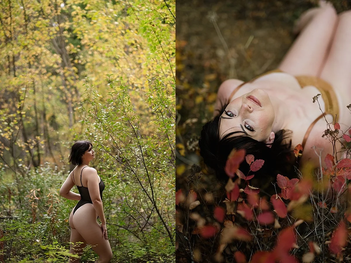 woman in trees and in fall leaves in a bodysuit