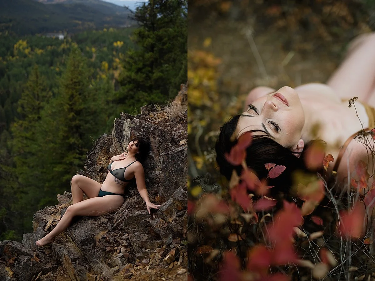 woman in green lingerie laying against some rocks on a mountaintop