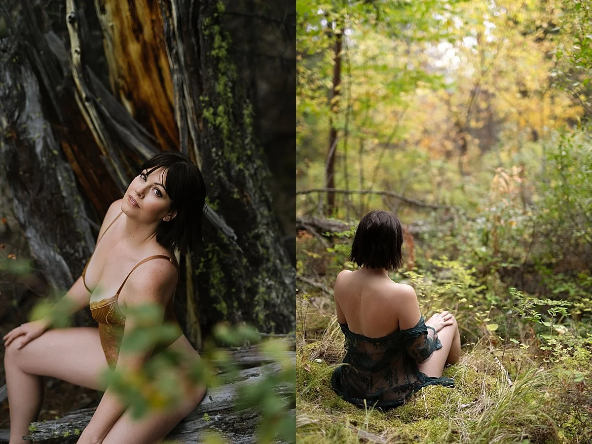 woman outdoors in nature in a bodysuit and in a green robe