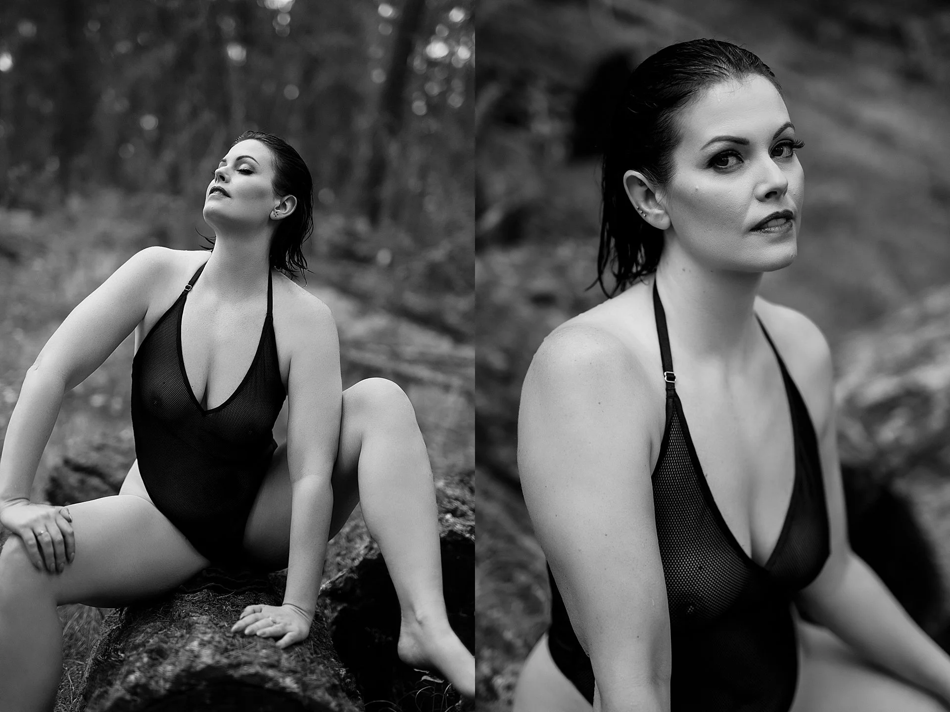 black and white images of a woman with wet hair in a see thru black bodysuit sitting on a tree for her boudoir session