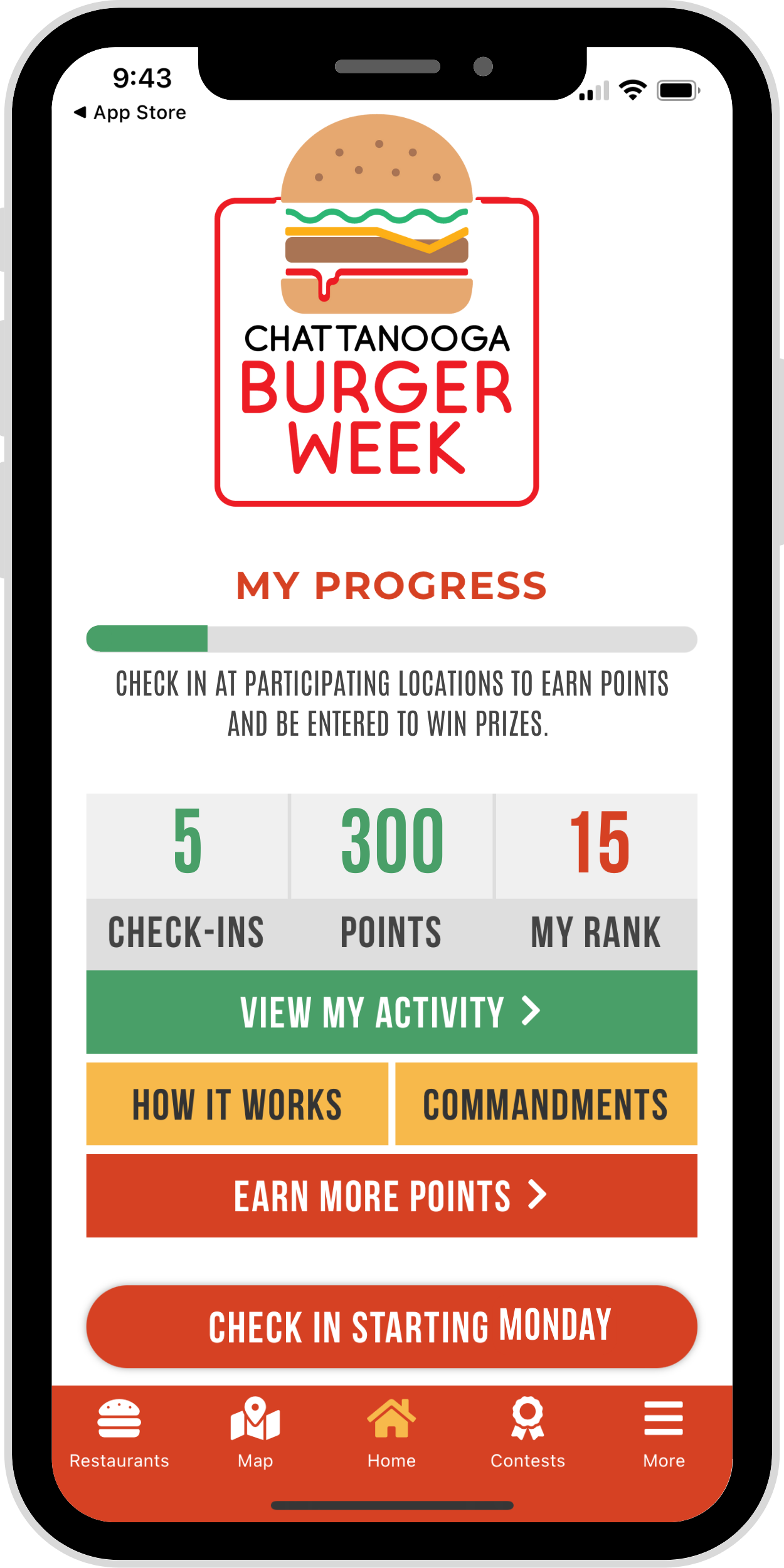 Smartphone screen displaying the 'Chattanooga Burger Week' app with a burger logo at the top and progress tracking for check-ins, points, and rank.
