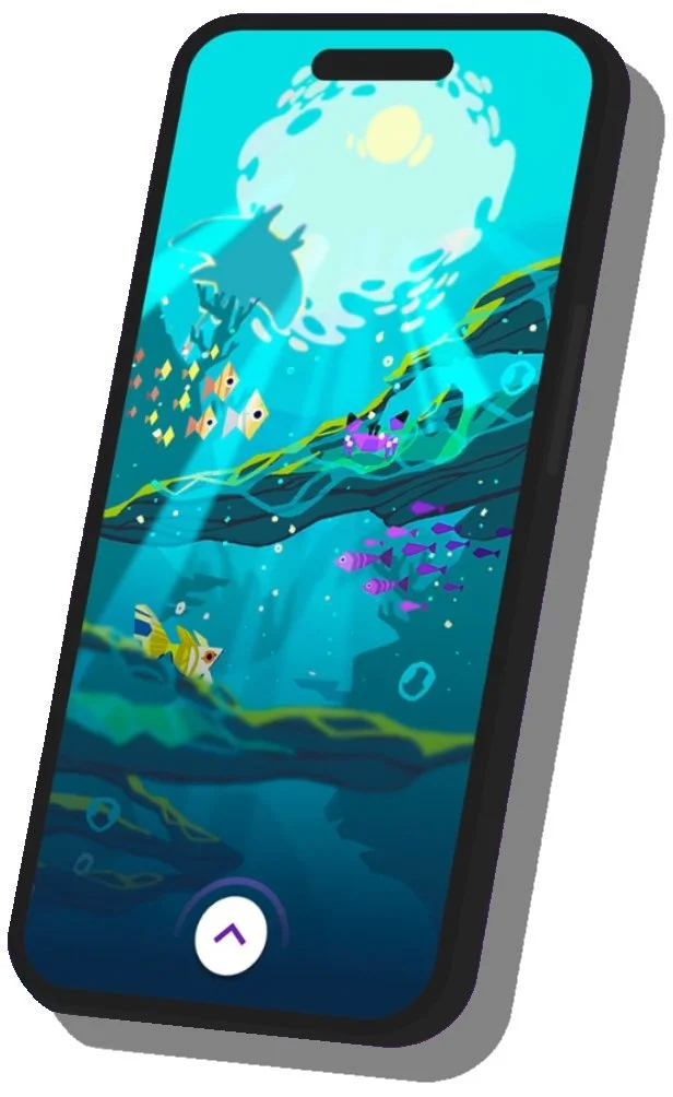 OSHN interactive music experience shown on a smartphone with an underwater environment, fish and evolving ocean ecosystem