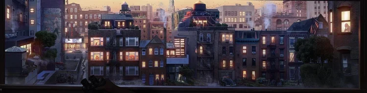 Private Eye VR city skyline at dusk, viewed from a detective's office window. Joff Winks composed the original soundtrack for this noir-inspired virtual reality mystery game
