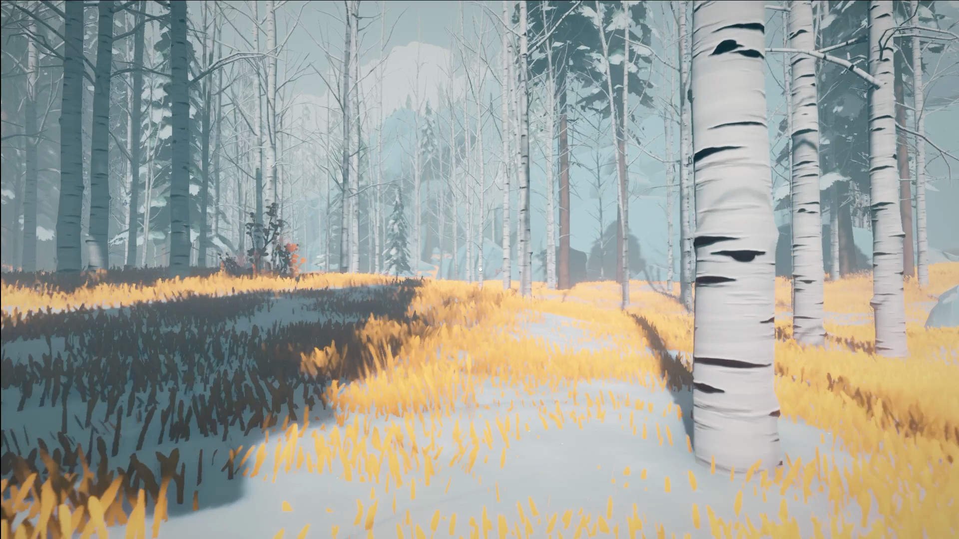 Birch forest environment in Arctic Awakening demonstrating video game scoring and atmospheric music used to shape the emotional identity of a location.