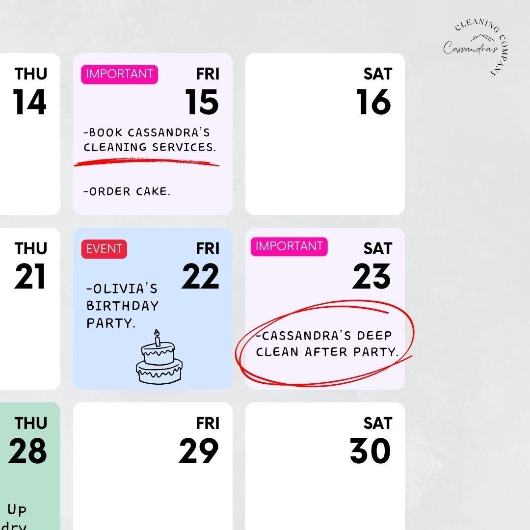 Got a busy month? Don't forget to book your cleaning services!

From pre-party prep to post-event deep cleans, Cassandra&rsquo;s Cleaning Company has you covered! 

Keep your calendar stress-free and your home spotless with our reliable cleaning serv