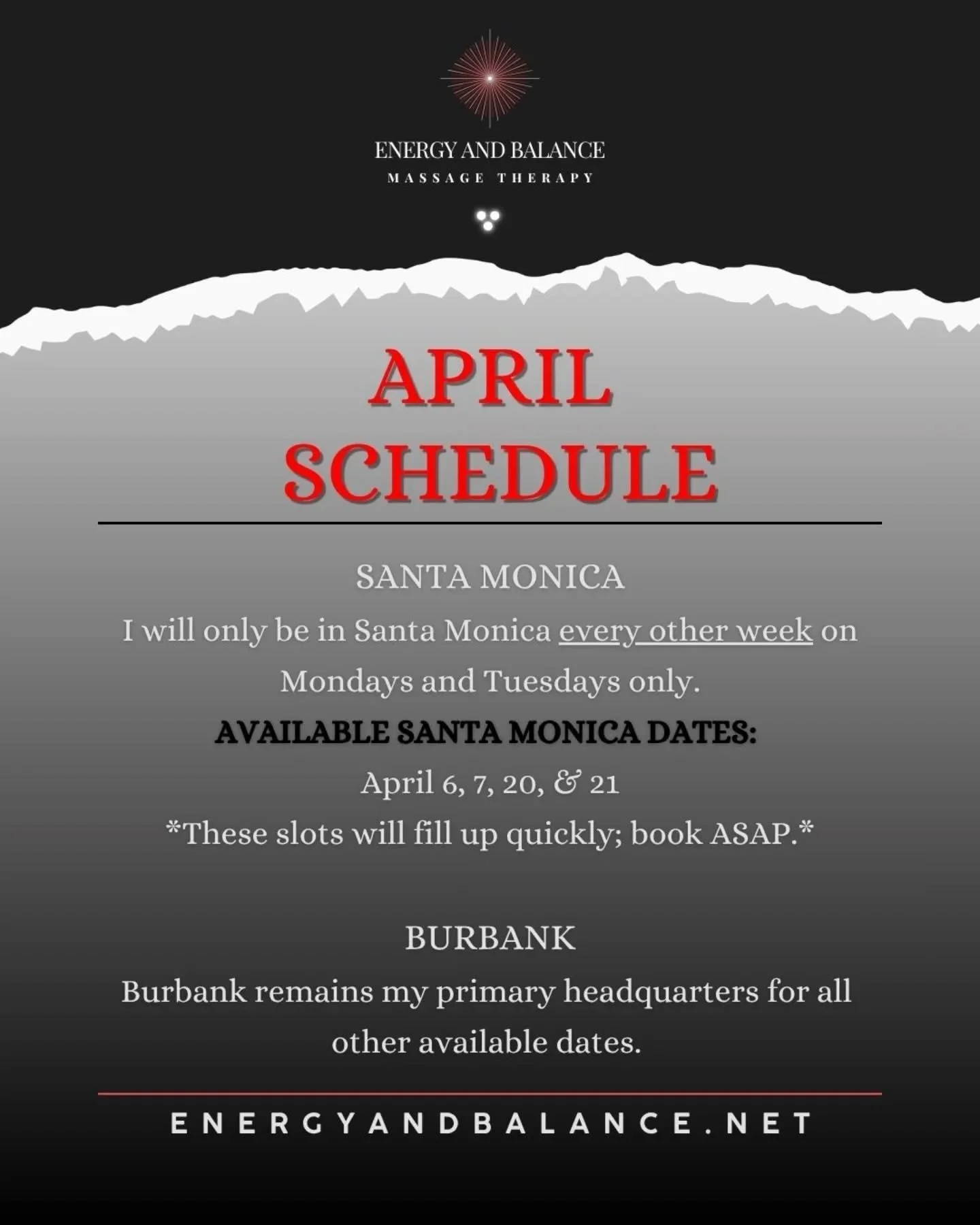 NEW SCHEDULE ALERT! 
April schedule is live!

Santa Monica availability will be limited going forward &mdash; with appointments every other week, Mondays &amp; Tuesdays only. If that&rsquo;s your preferred location, please plan ahead. Spots will fill