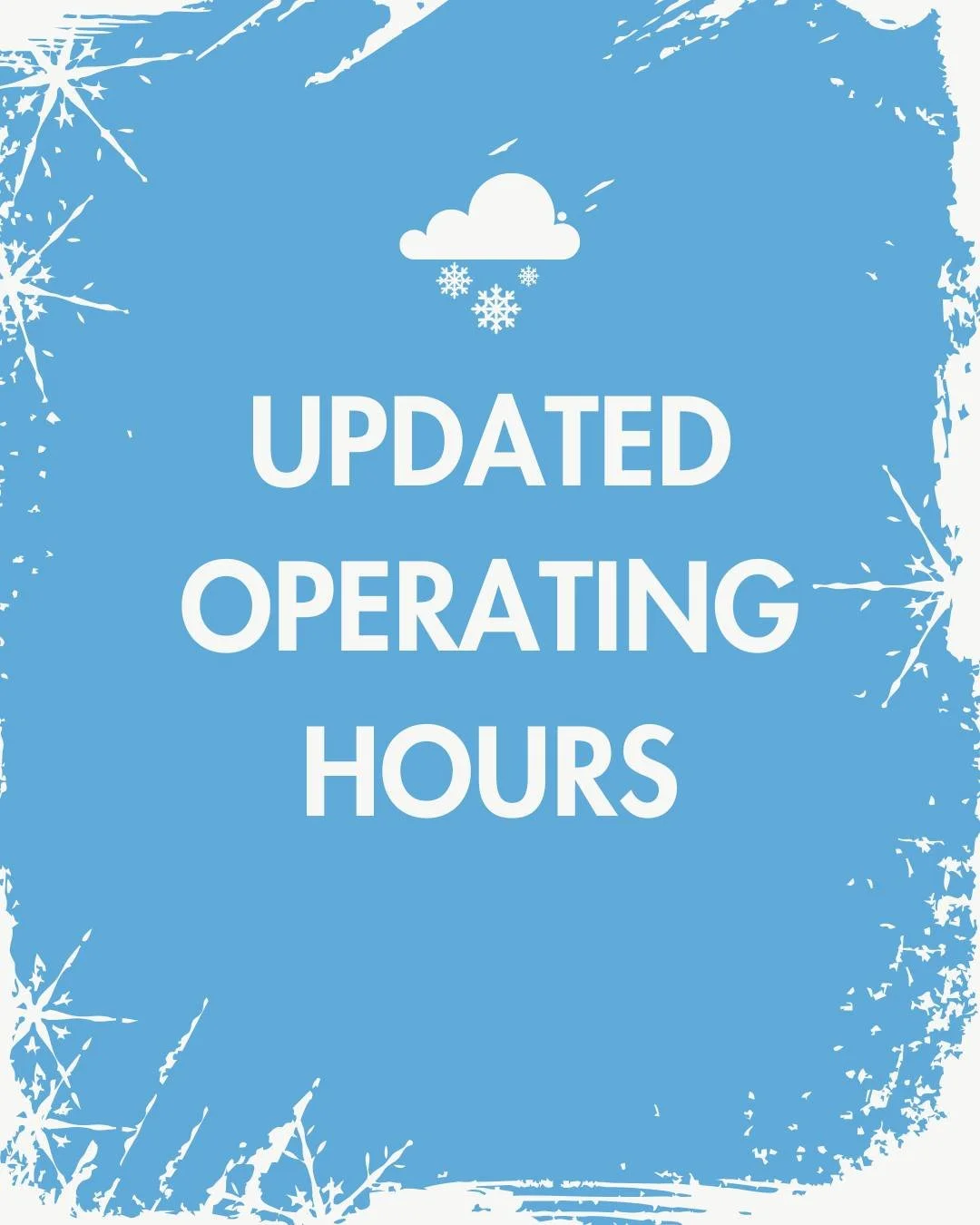 Hi everyone! We want to let you know that we will be closing early today at 9 PM and will be closed all day tomorrow due to the weather. We hope you stay safe, and we will keep you up to date on our operating schedule ☃️