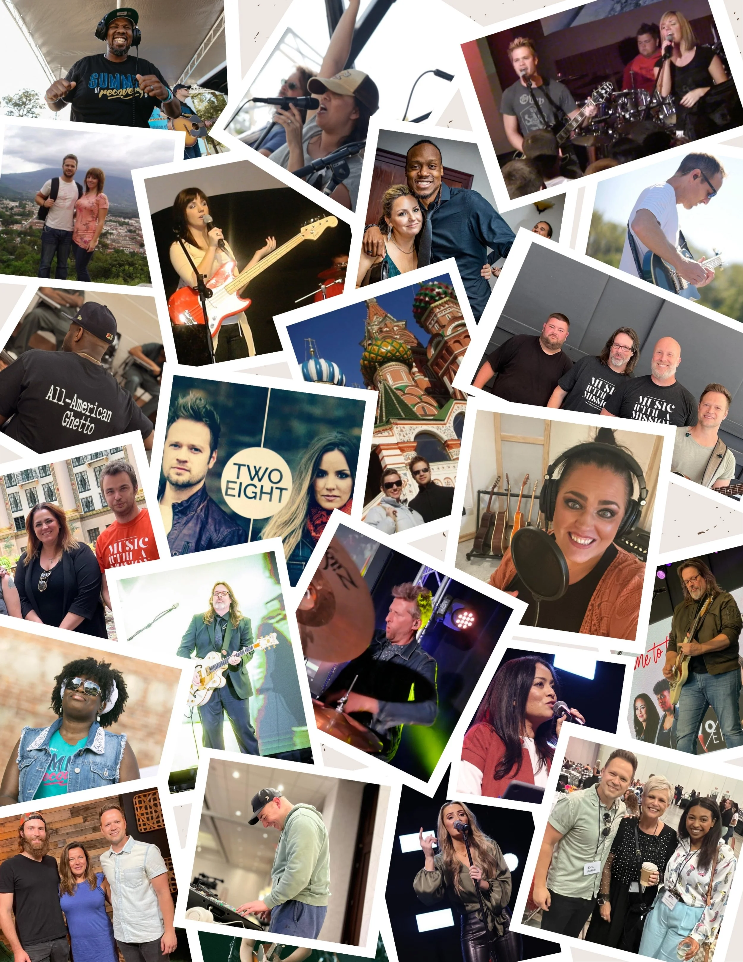 A collage of photos featuring various people at music events, performances, and social gatherings. Includes musicians, singers, and audience members in different settings such as outdoor, indoor concert venues, and casual meetups.