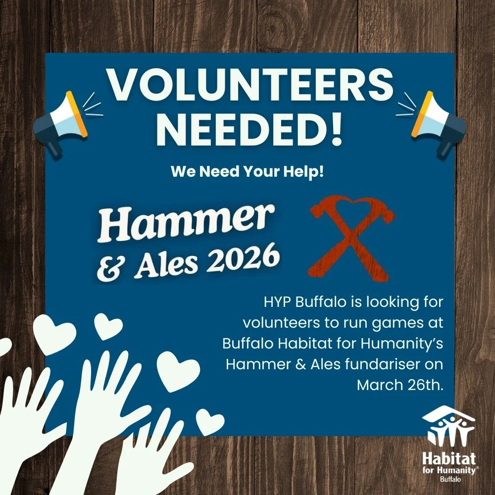 🚨 VOLUNTEERS NEEDED 🚨

Join us March 26th | 5:30&ndash;8:30pm | The Barrel Factory 

In support of @habitatbuffalo_ 's Hammer &amp; Ales fundraiser, we need volunteers to help run games during:
⏰ 5:30&ndash;7:00pm
⏰ 7:00&ndash;8:30pm

Then enjoy th