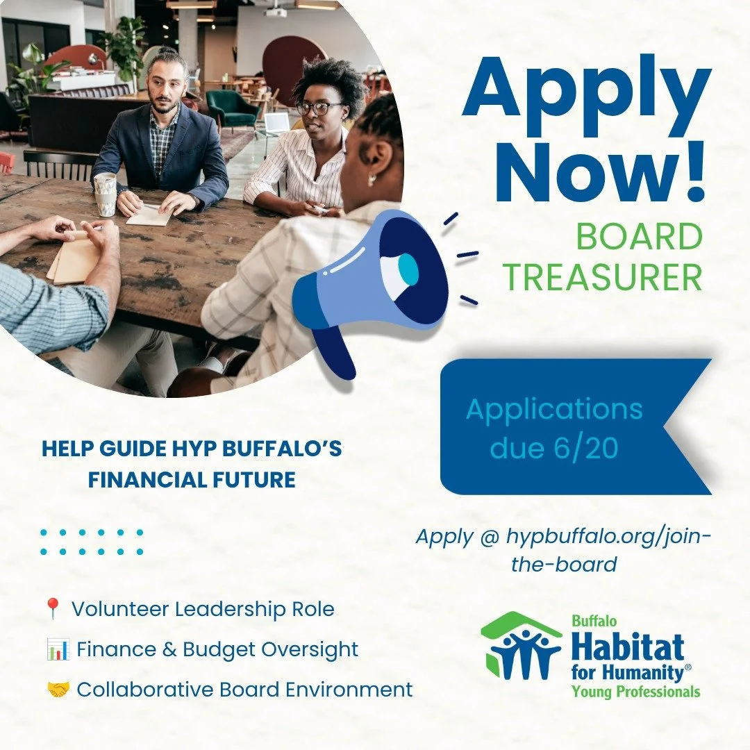 📢 We're still looking for our next HYP Buffalo Treasurer!

Want to make an impact and support @habitatbuffalo_ 's mission?

We're seeking a Treasurer to join the HYP Board of Directors and help support the organization's financial health and long-te