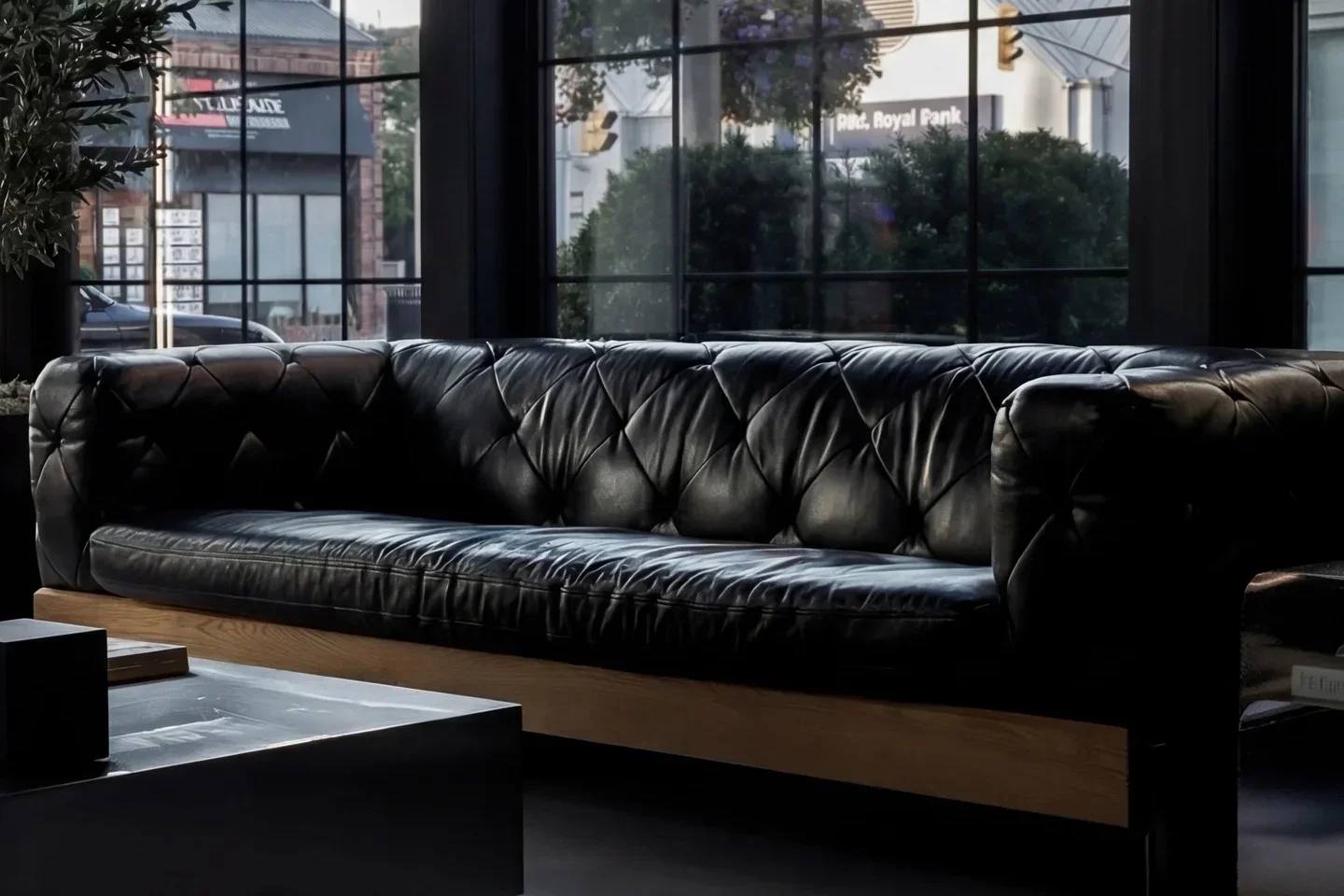 The black leather sofa by tall street windows in the upstairs Zen Lounge at Zen Tattoo Studio in Oakville, where clients have snacks and lunch on breaks.