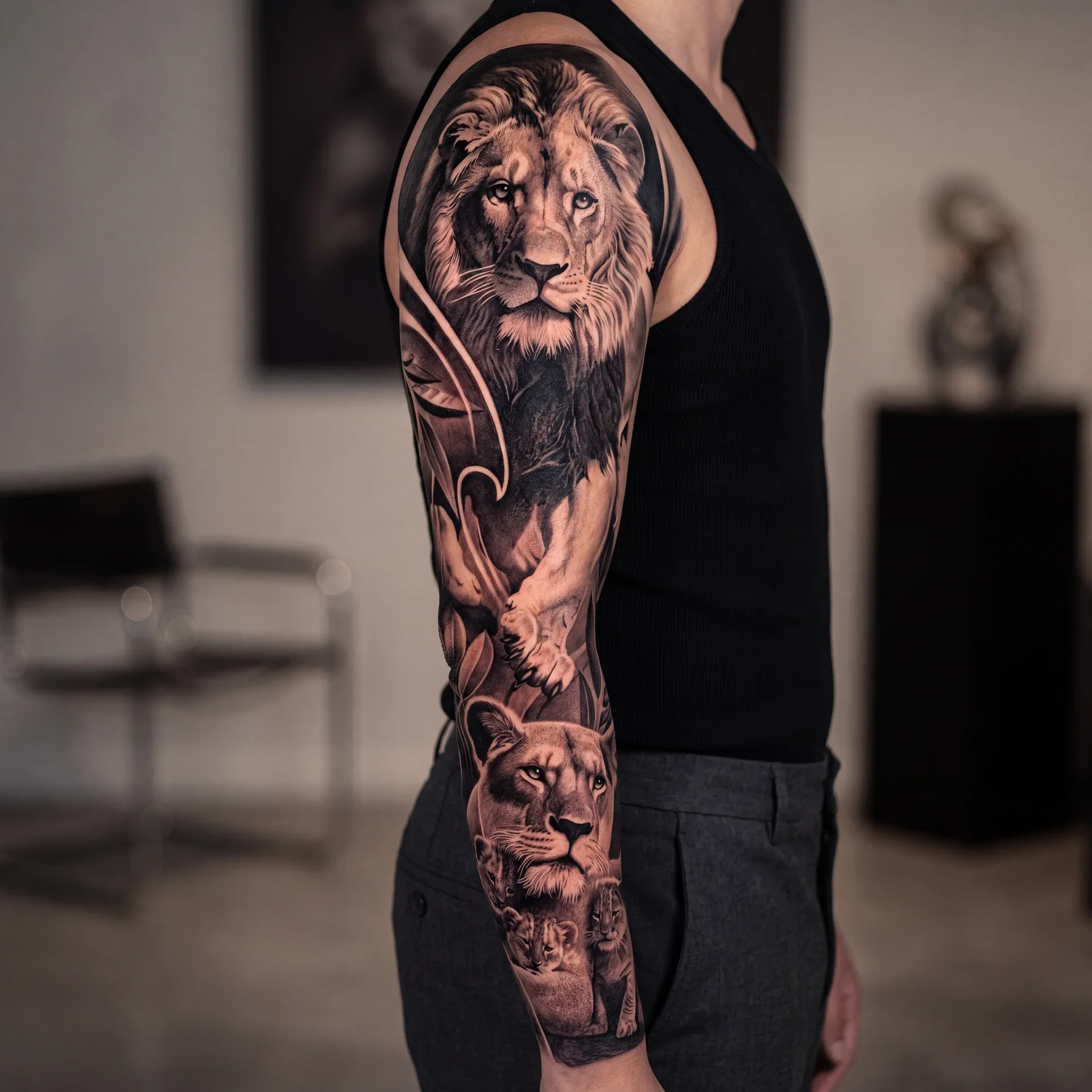 Animal sleeve tattoo for men with lion wolf tiger and black and grey realism shading