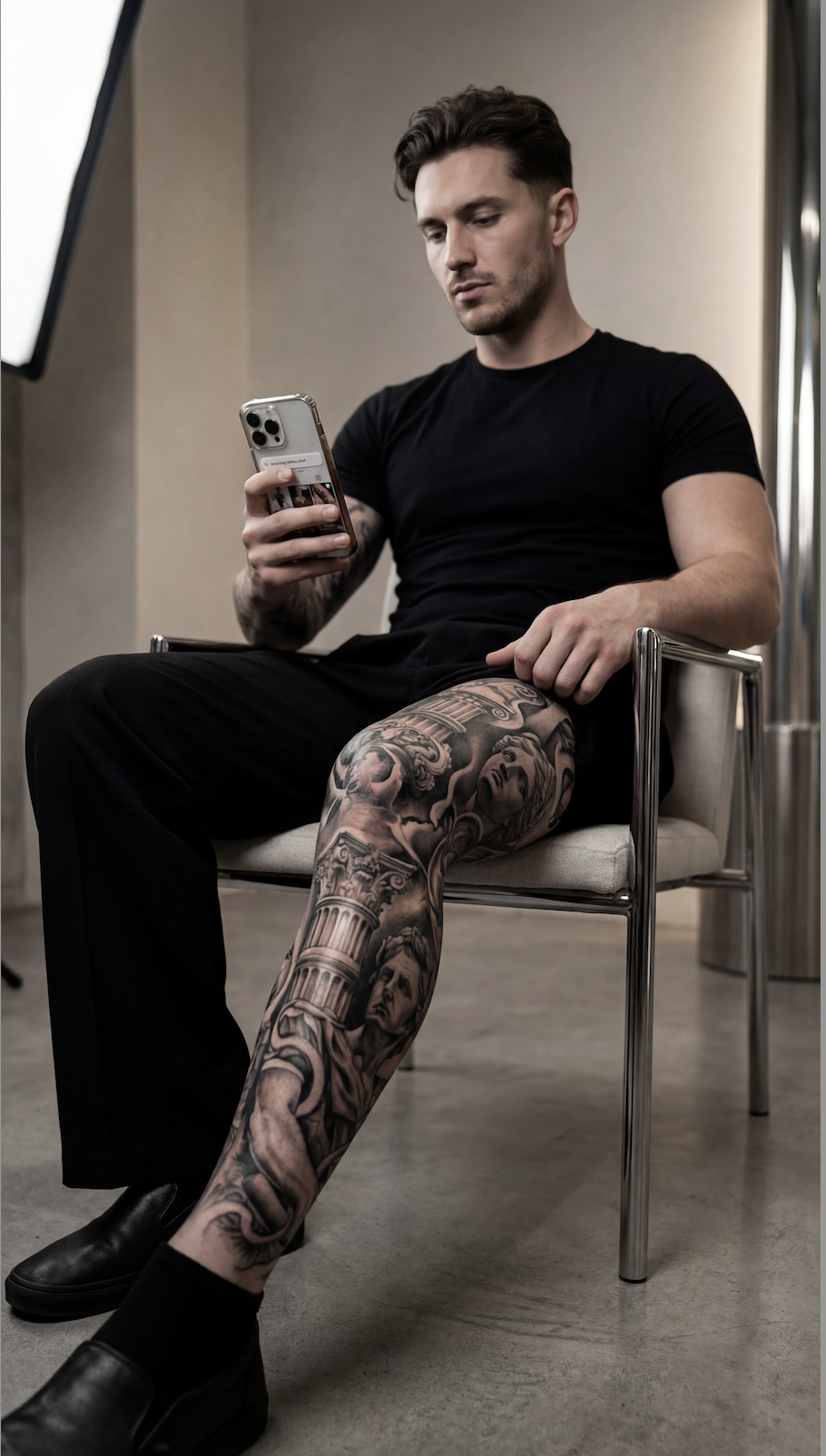 Leg tattoo ideas for guys showing a man sitting in a modern chair wearing black clothing with a black and grey Greek realism leg sleeve while searching Instagram on his iPhone for the right tattoo artist
