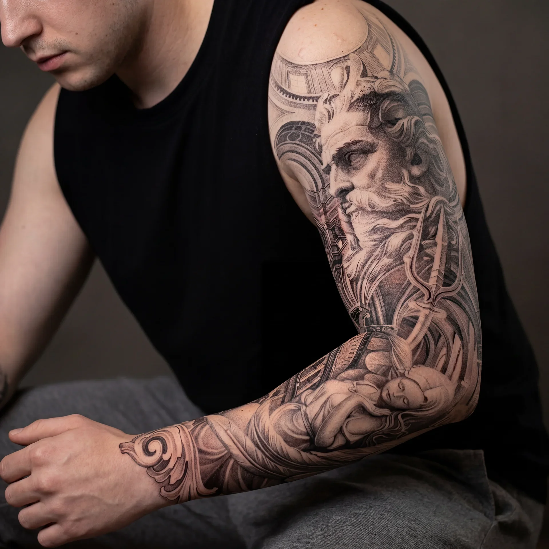 Statue and architecture sleeve tattoo for men in black and grey realism