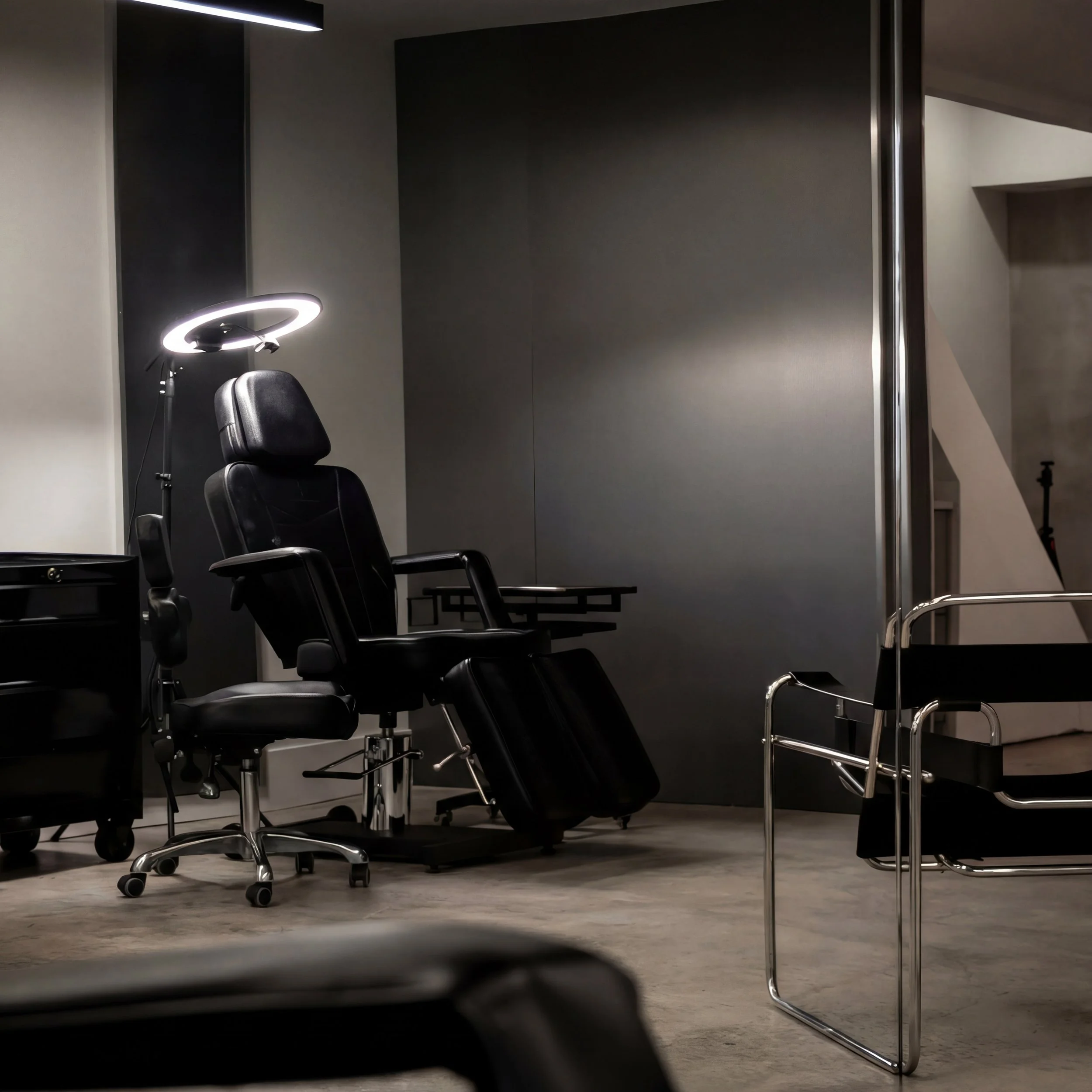 A single black tattoo chair and an artist stool under a ring light at Zen Tattoo Studio in Oakville, with a chrome framed chair in the foreground.