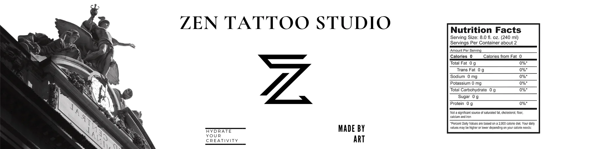 The Zen Tattoo Studio water bottle label, with the Z logo and the line Hydrate Your Creativity.