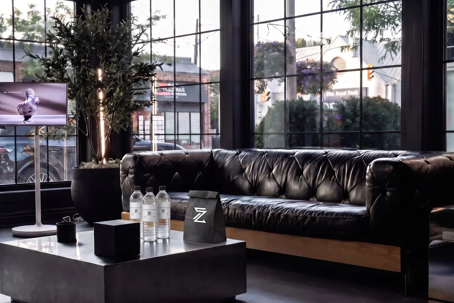 Three Zen water bottles and a black Zen takeout bag on the table in the upstairs lounge at Zen Tattoo Studio in Oakville, where clients eat during breaks in a tattoo session.