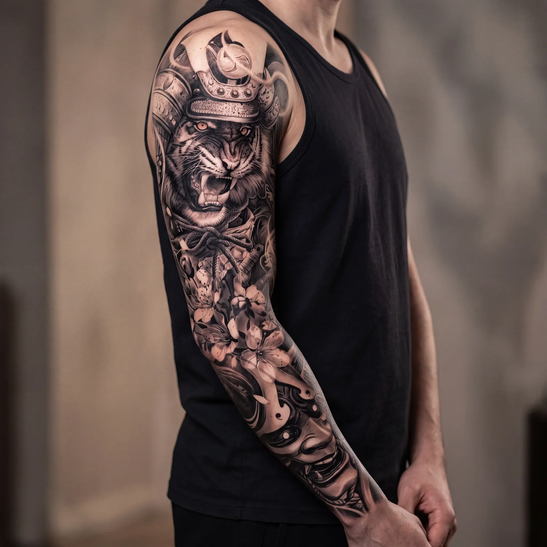 Japanese inspired sleeve tattoo for men in black and grey realism with samurai and dragon elements