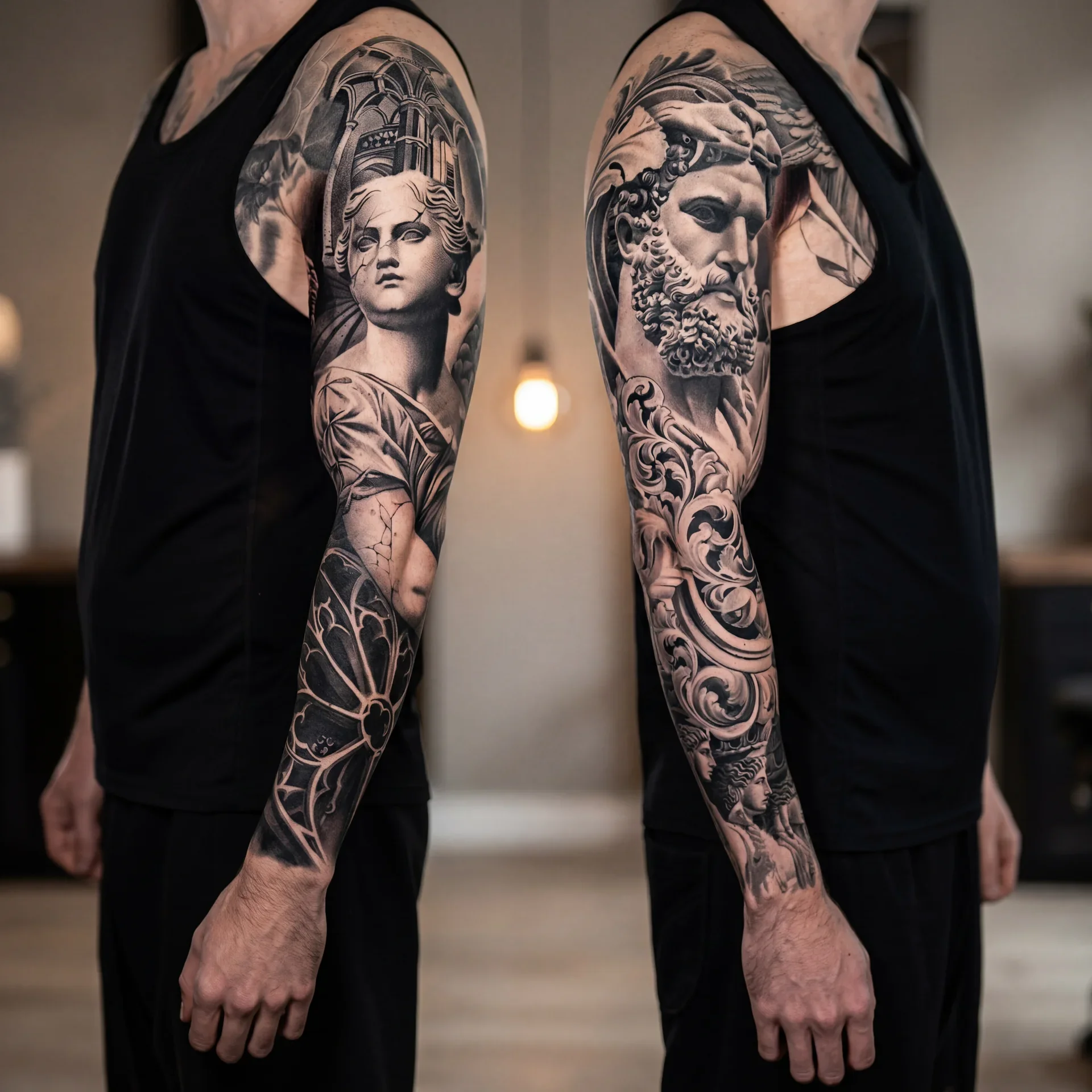 Black and grey sleeve tattoo for men with realism shading at Zen Tattoo Studio serving the GTA