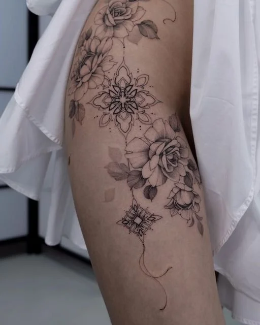 Floral mandala thigh tattoo in black and grey—detailed tattoo ideas for women with roses and ornamental geometry.