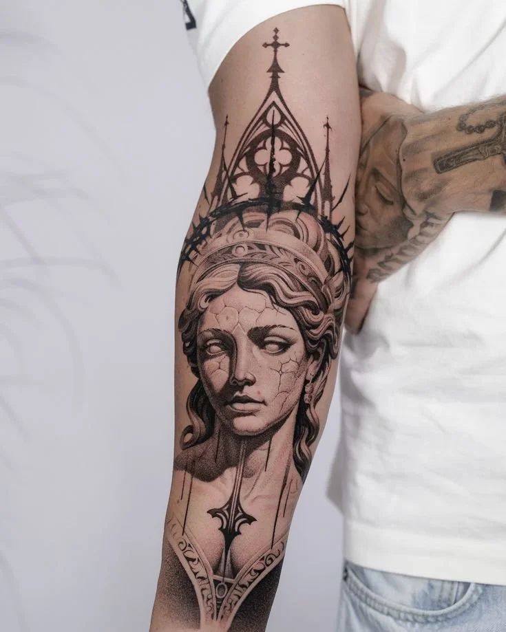Artemis tattoo meaning shown as a Greek goddess tattoo with bow and moon symbolism in black and grey realism