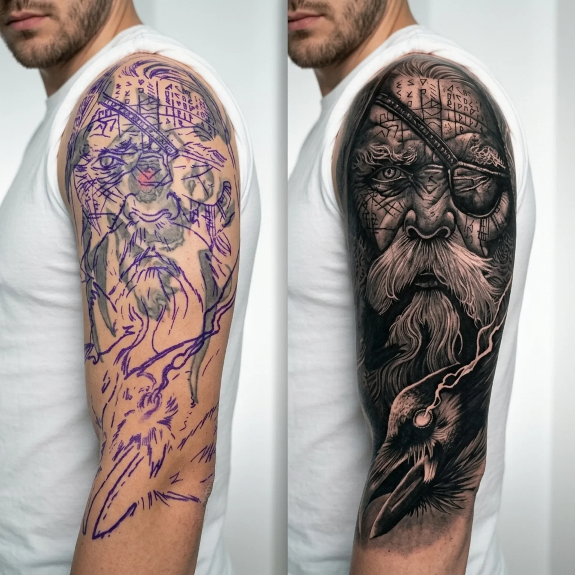 Viking upper arm cover up tattoo in black and grey realism at Zen Tattoo Studio
