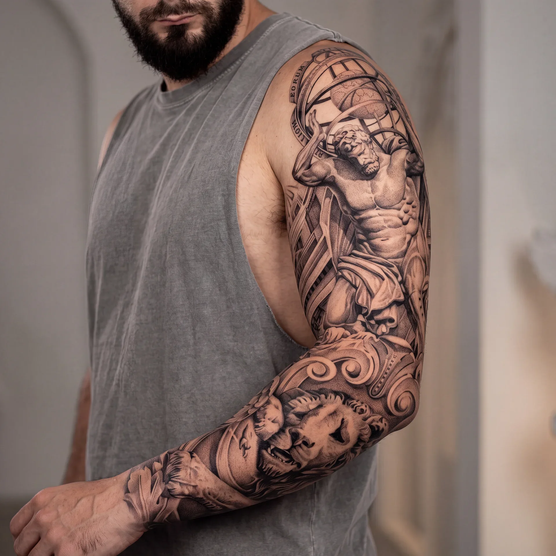 Greek mythology sleeve tattoo for men with statue and architecture details in black and grey realism