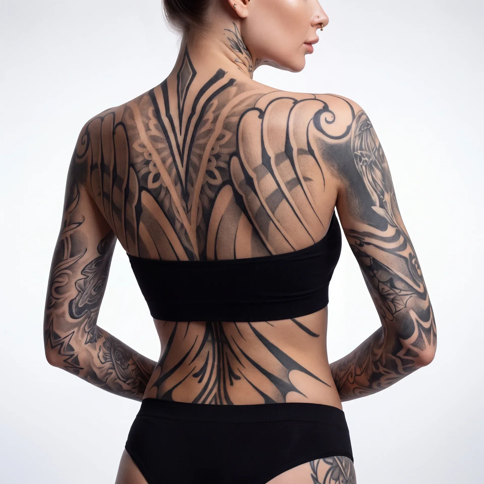 Side view of a woman’s hip and full leg in a flowing black and grey floral body-suit tattoo.