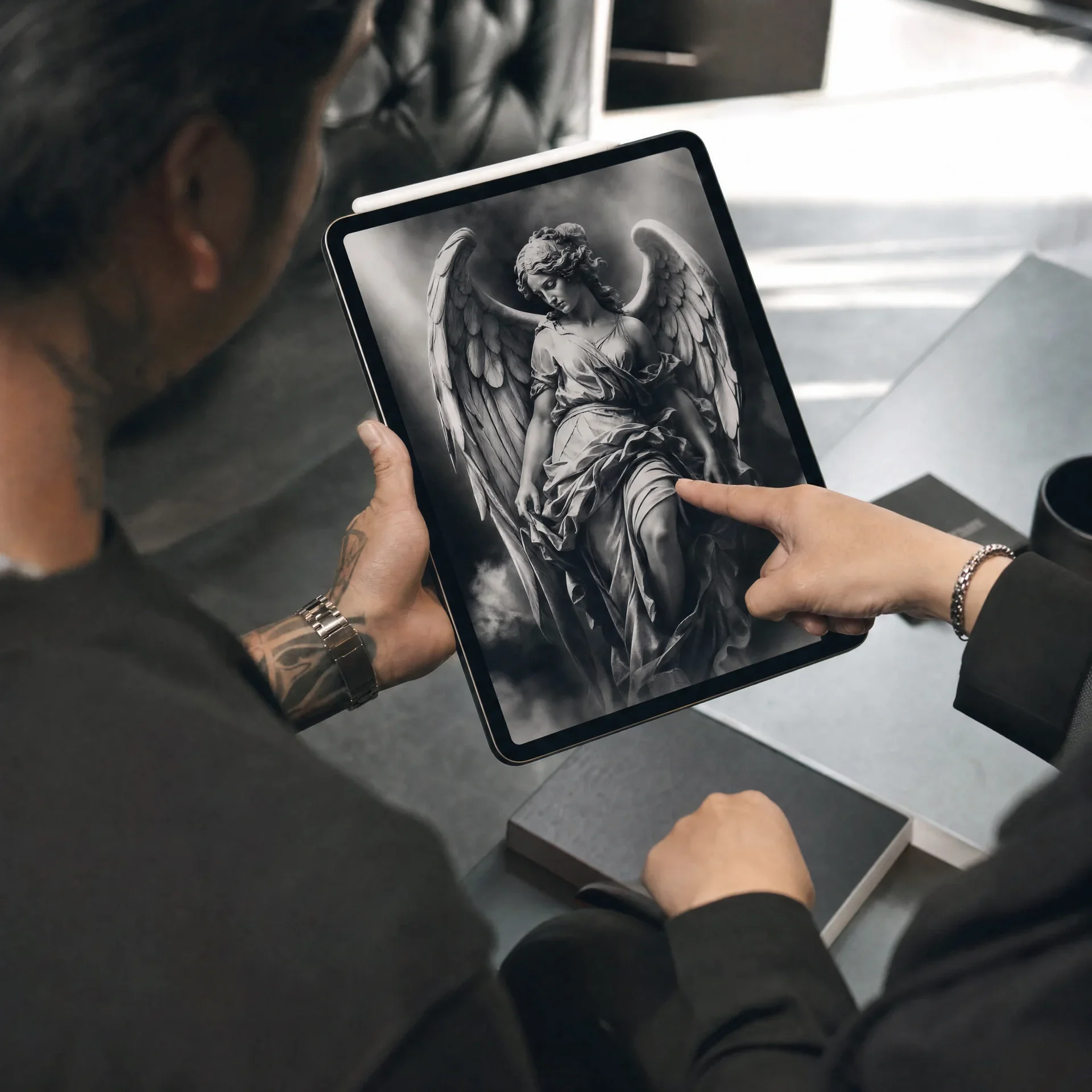 Over-the-shoulder view of a tattoo consultation at Zen Tattoo Studio in Oakville: a client holds a tablet showing a black-and-grey angel statue reference while a Zen team member points to details in the design.
