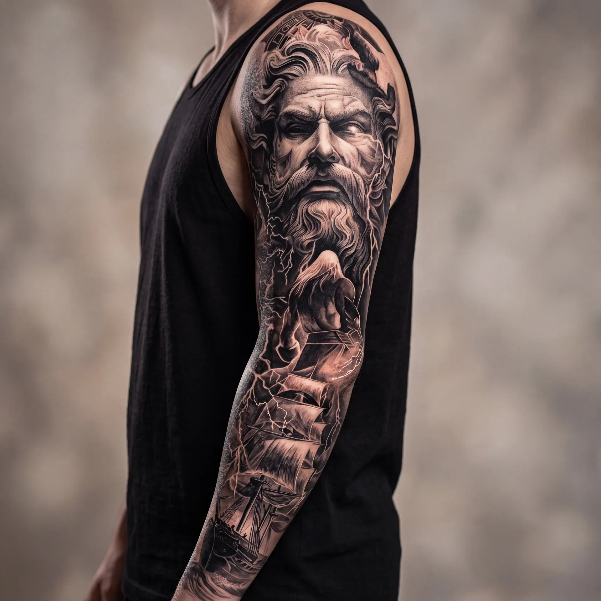 Viking sleeve tattoo for men with Norse mythology details and black and grey realism