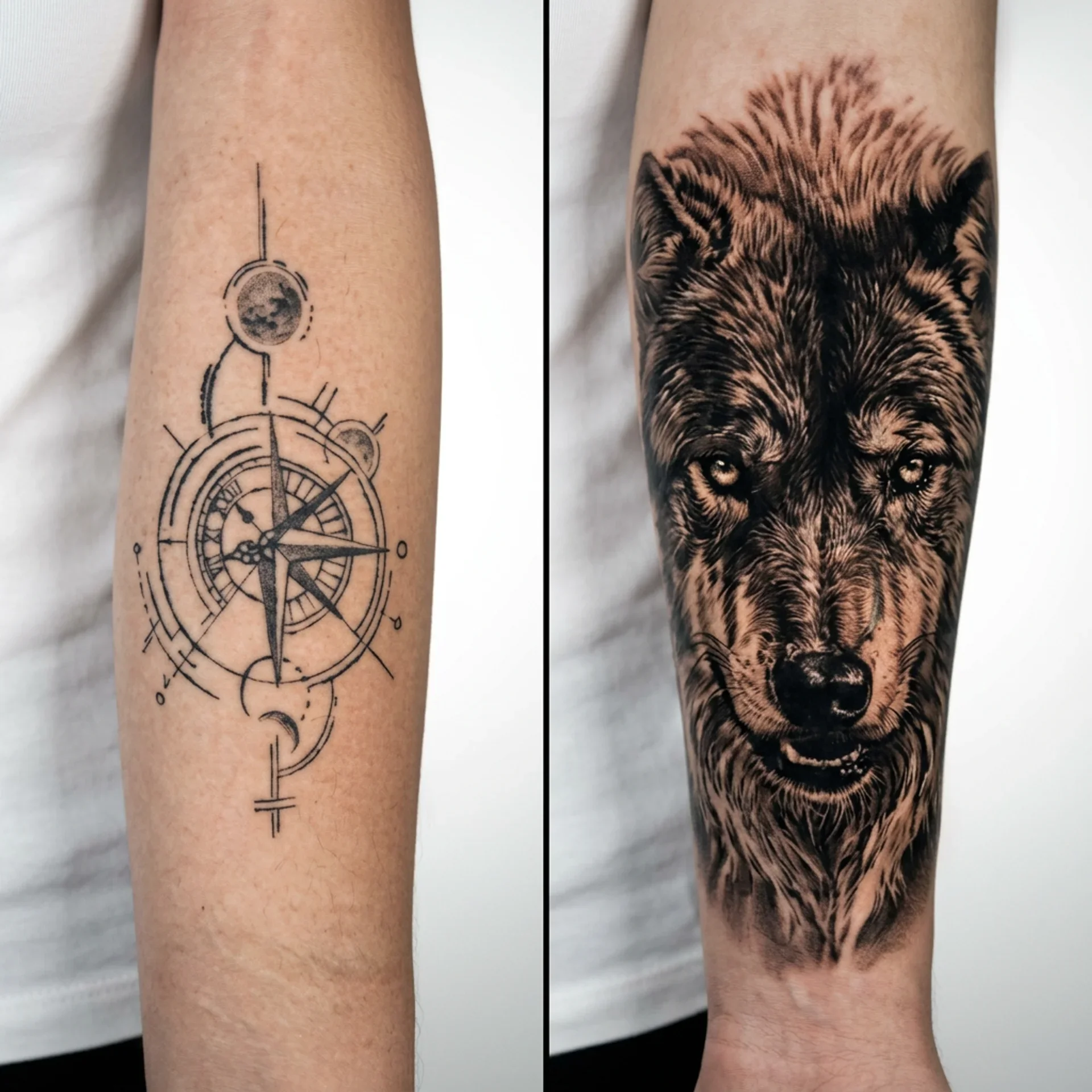 Wolf forearm cover up tattoo over an old compass design in black and grey realism