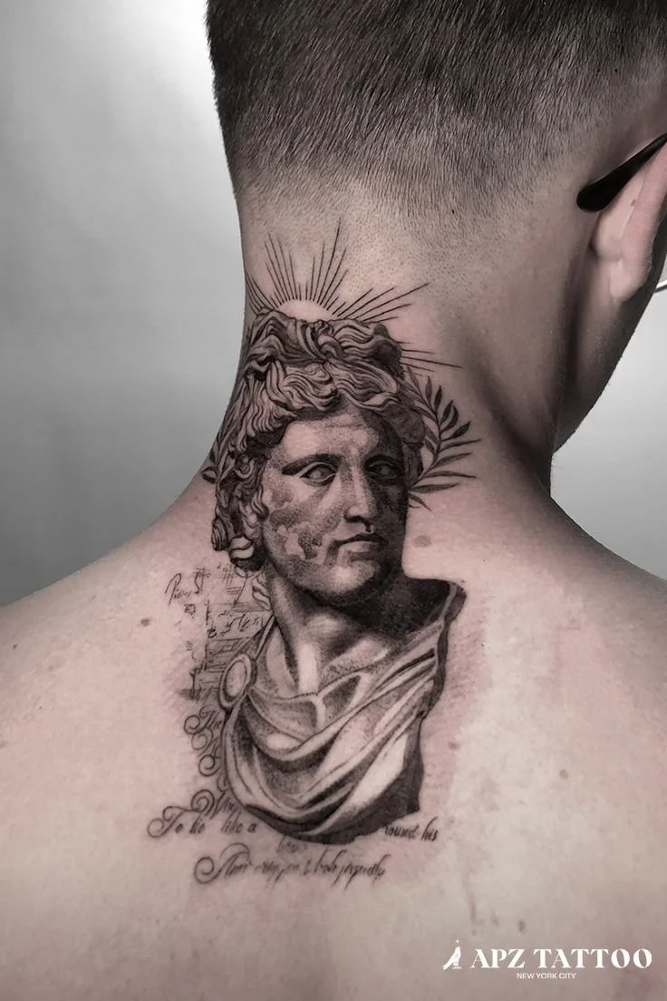 Apollo tattoo meaning shown in a Greek god tattoo design symbolizing the sun, truth, and creativity in black and grey realism
