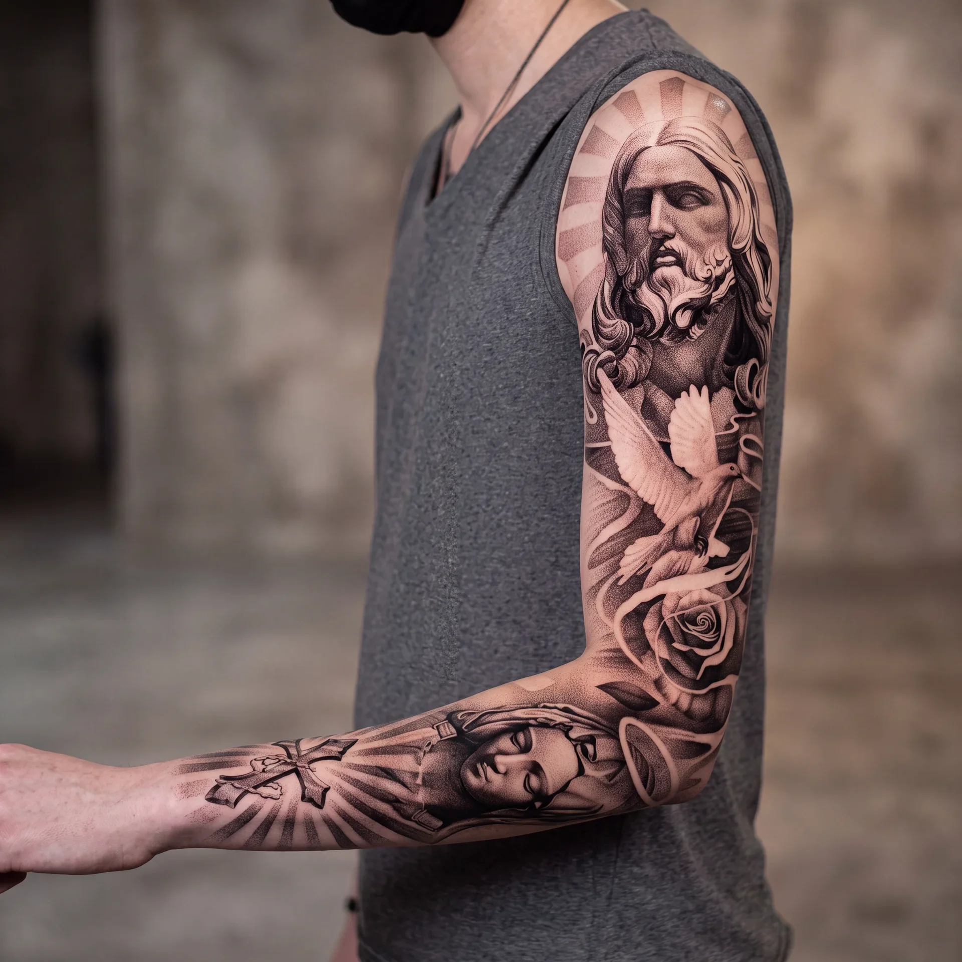 Religious sleeve tattoo ideas for men in black and grey realism near Toronto