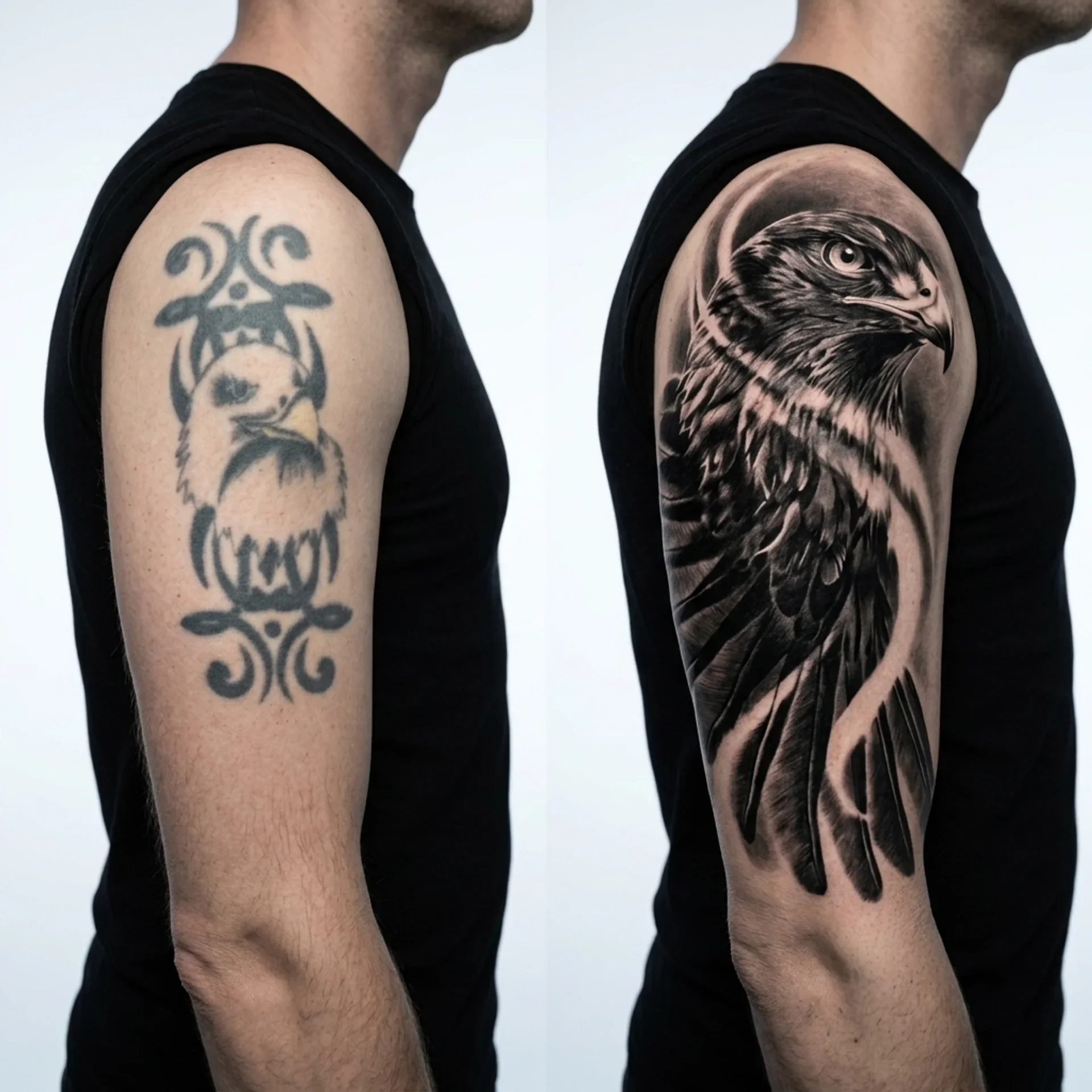 Black and grey hawk cover up tattoo at Zen Tattoo Studio serving Toronto and Oakville