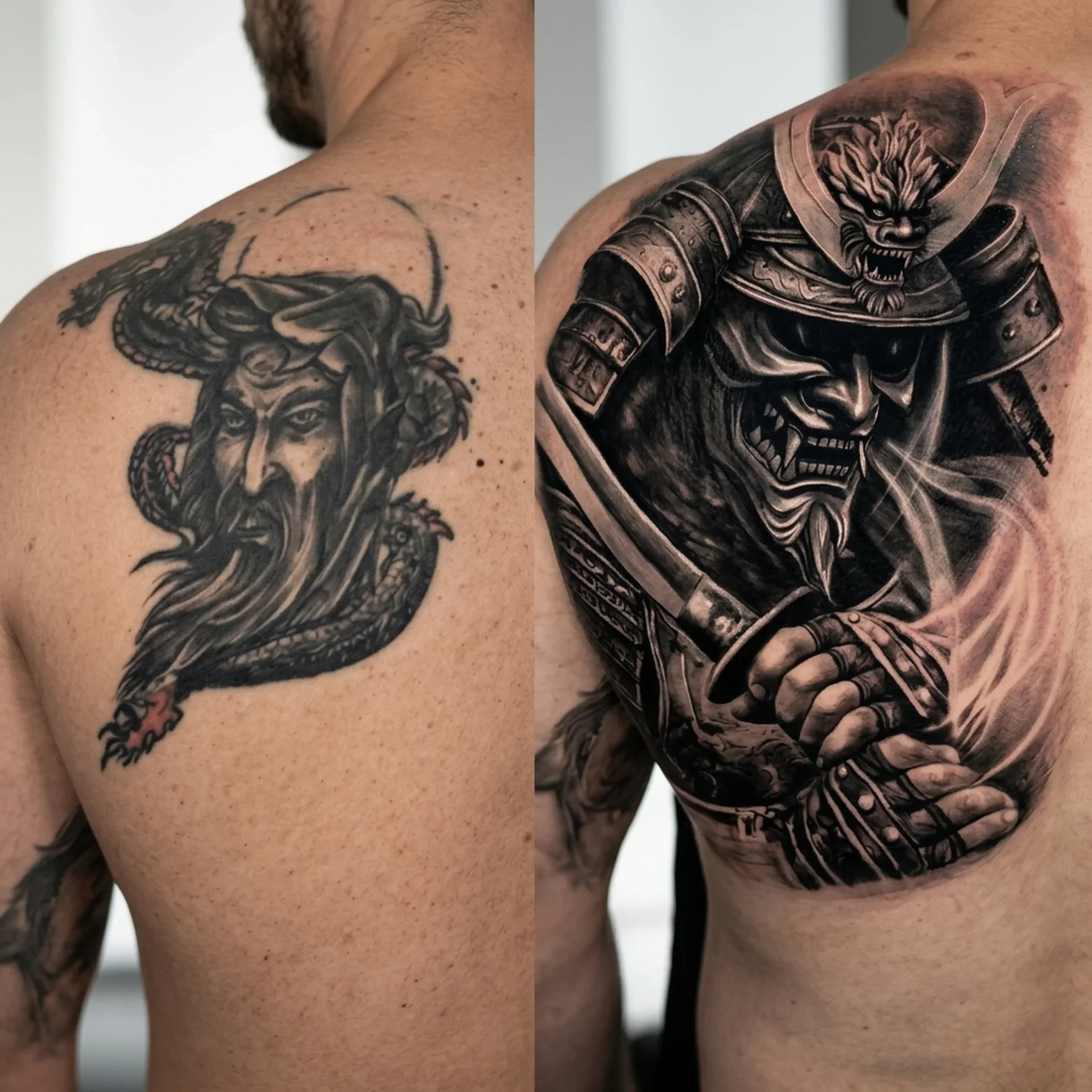 Samurai back cover up tattoo in black and grey realism at Zen Tattoo Studio