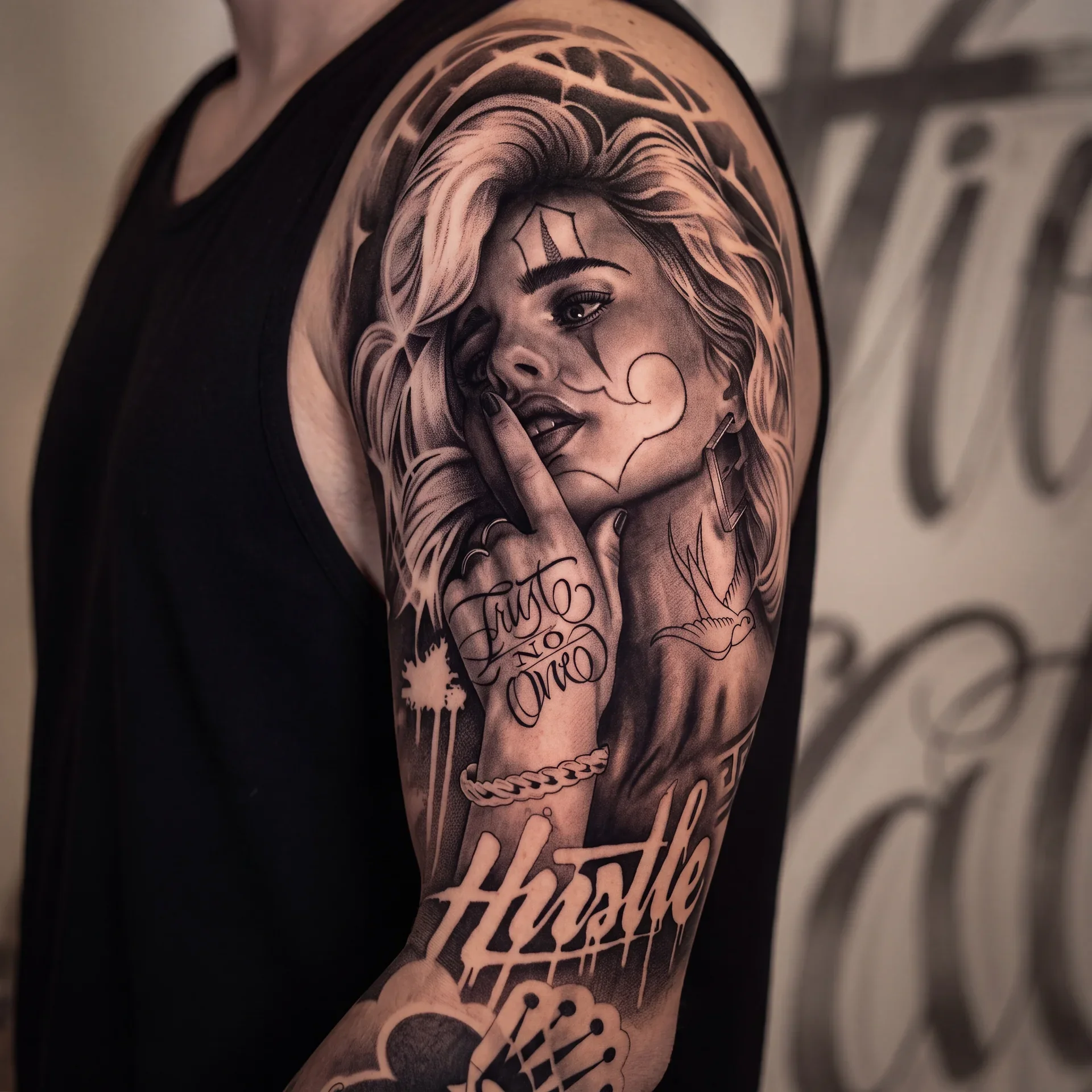 Chicano portrait sleeve tattoo ideas for men in black and grey realism with roses and script