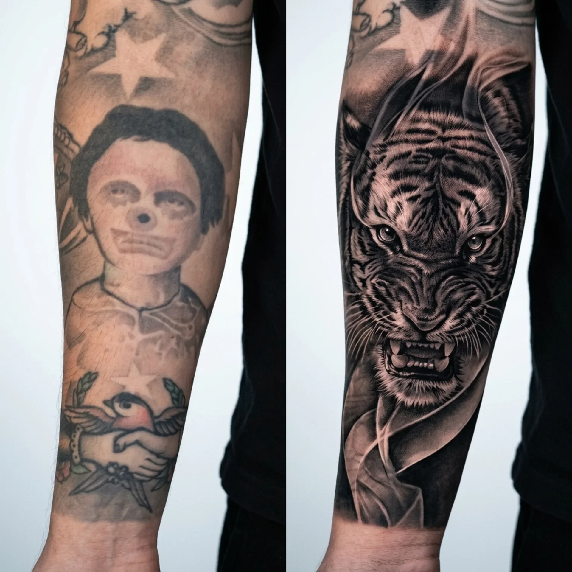 Tiger forearm cover up tattoo in black and grey realism at Zen Tattoo Studio