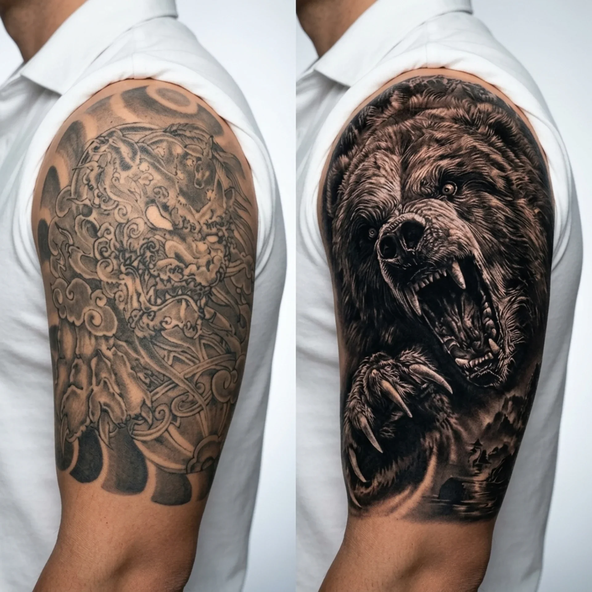 Bear upper arm cover up tattoo in black and grey realism at Zen Tattoo Studio