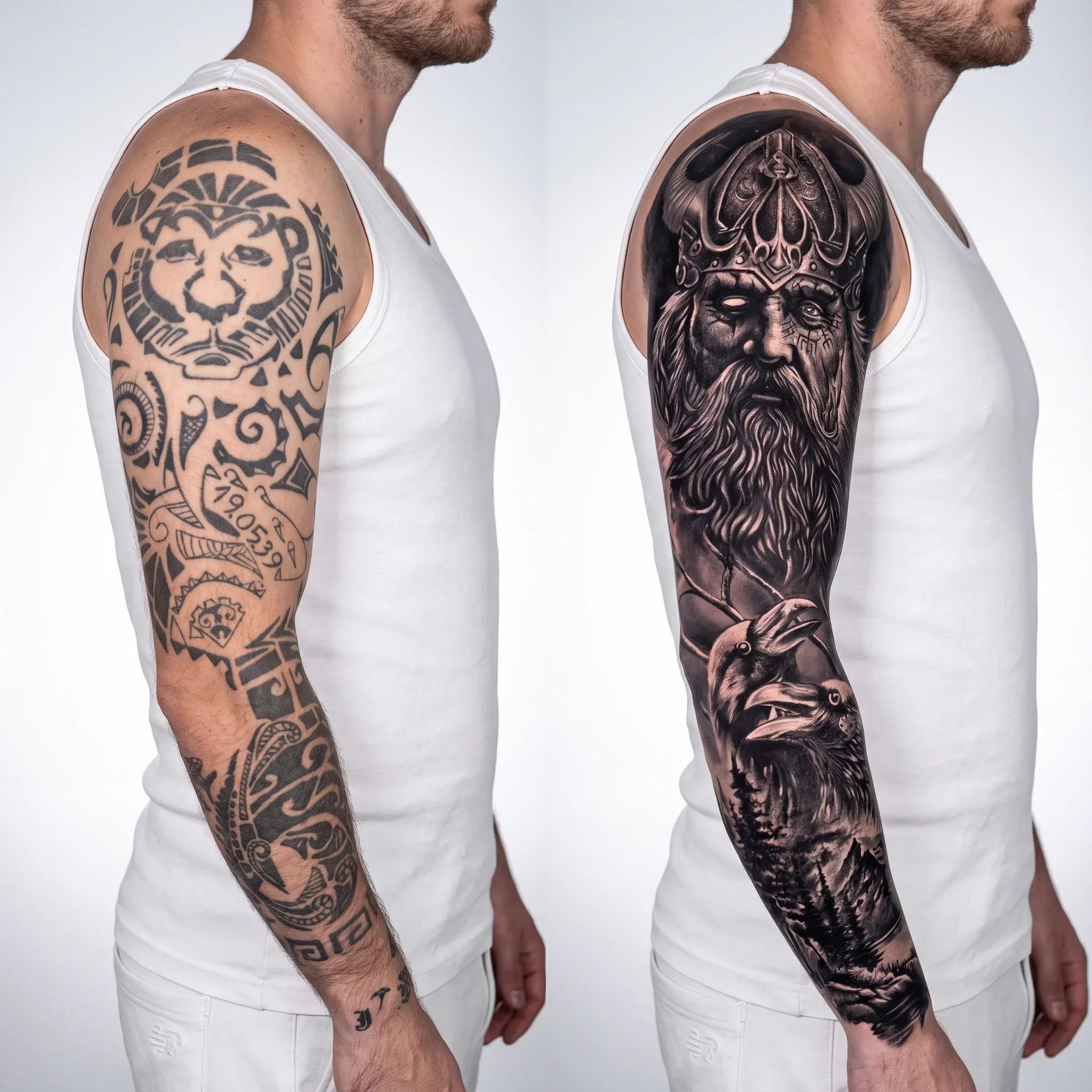 Viking sleeve cover up tattoo in black and grey realism at Zen Tattoo Studio