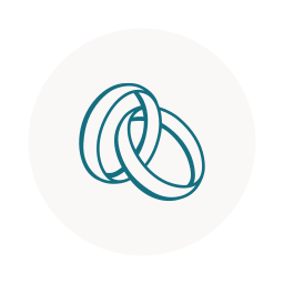 Two intertwined wedding rings inside a white circle on a black background.